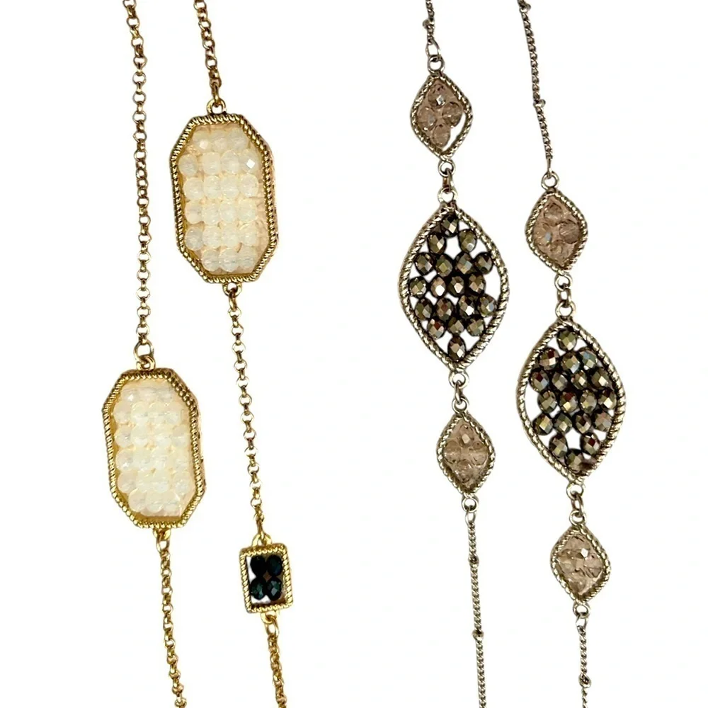 Pair of Boutique gold/silver tone delicate long necklaces faceted beads gunmetal